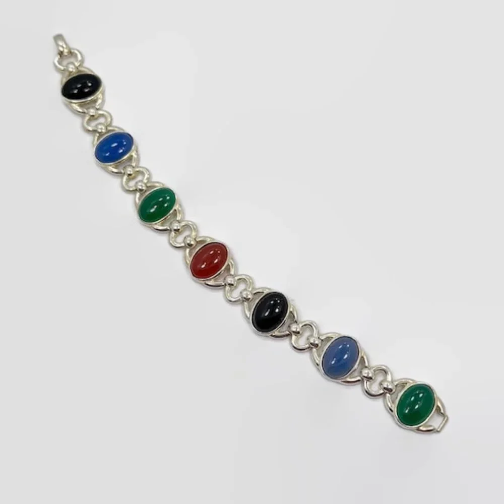 Stone Bracelet, Onyx, Calcedony, Green, Black, Sterling Bracelet, Vintage,Mixed - Picture 5 of 6